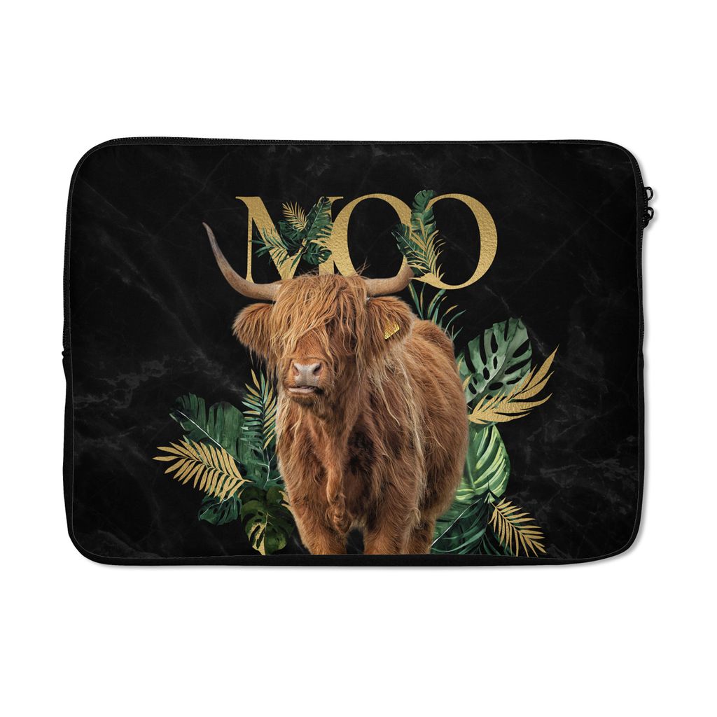 MuchoWow Laptop Hülle 14 ZollSchottischer Hochländer - Monstera - Gold Laptoptasche - Laptoptasche - Stoßsicher - Schutzhaube