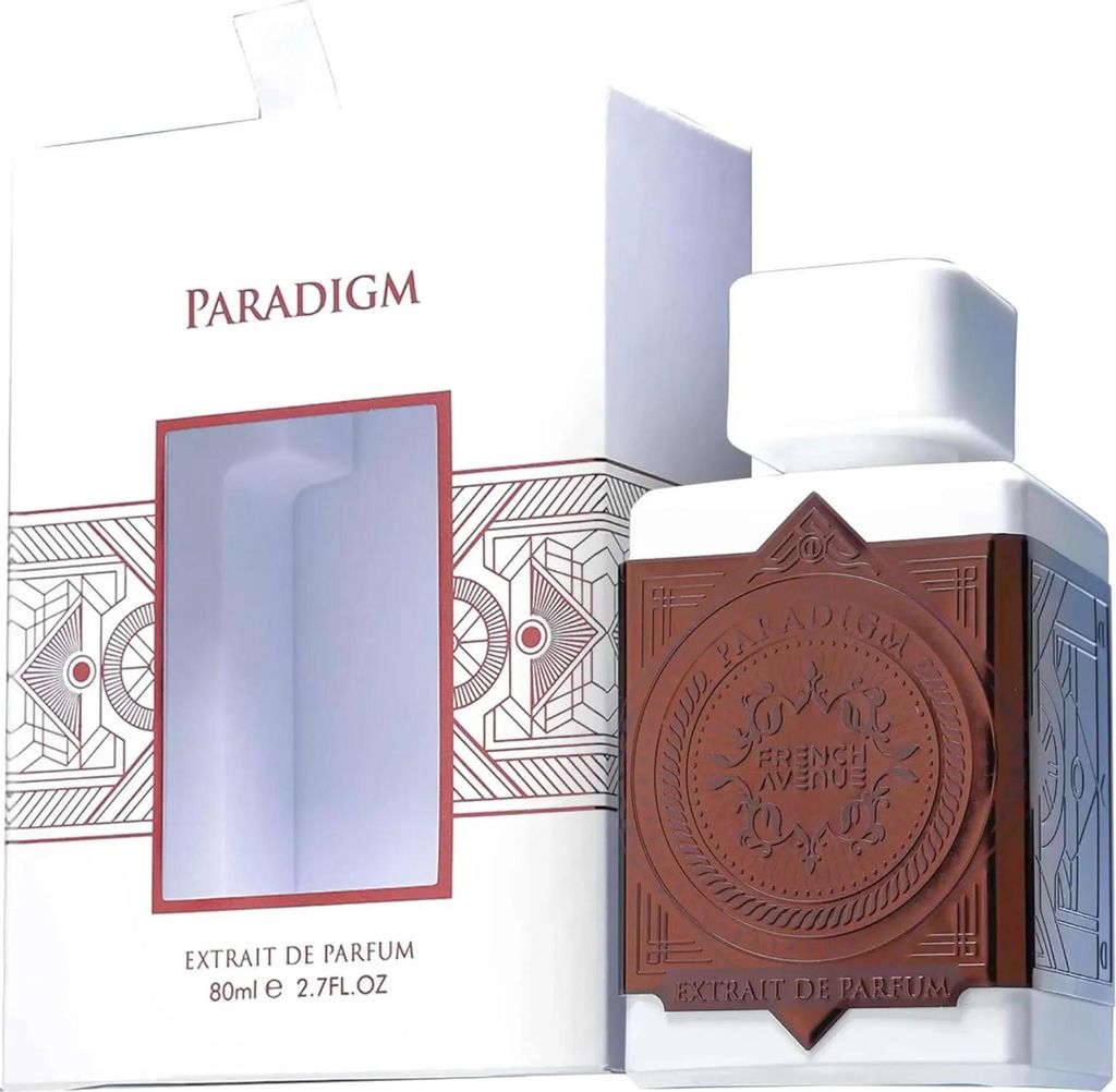 A perfume bottle and its packaging are displayed against a white background.