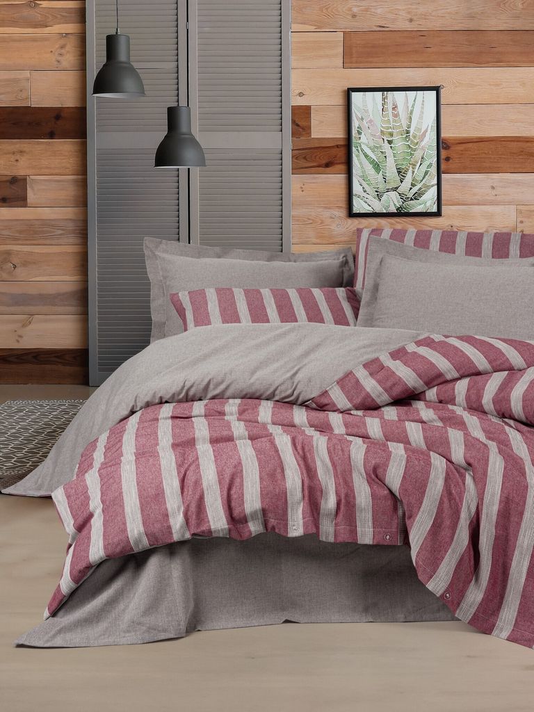 L'Essentiel Linge de Maison, Bande - Claret Red, Weinrot, Doppel-Bettbezug-Set, 50 % BAUMWOLLE / 50 % POLYESTER, 200 x 220 cm