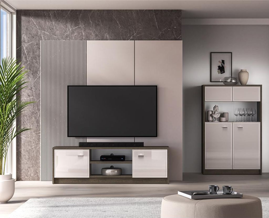 Wohnwand mit Lowboard & Highboard inkl. Beleuchtung, in Kaschmir Beige Hochglanz mit Eiche, modern, 2-teilig - ALESSANDRIA-131