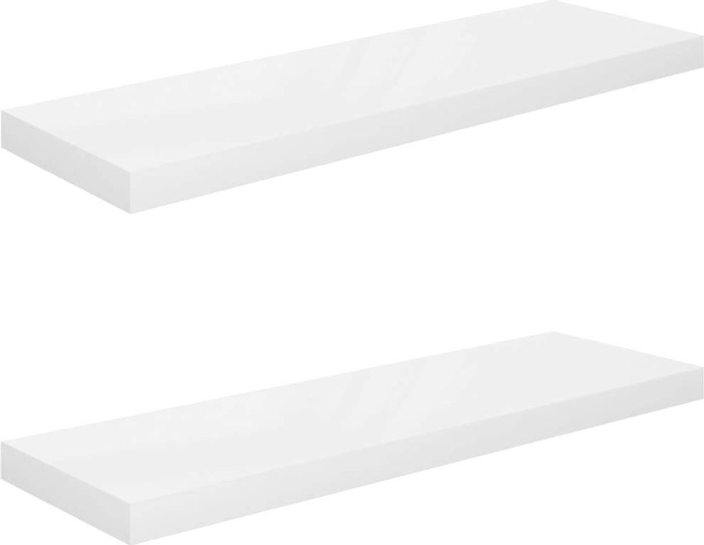 Two white shelves are shown against a white background.