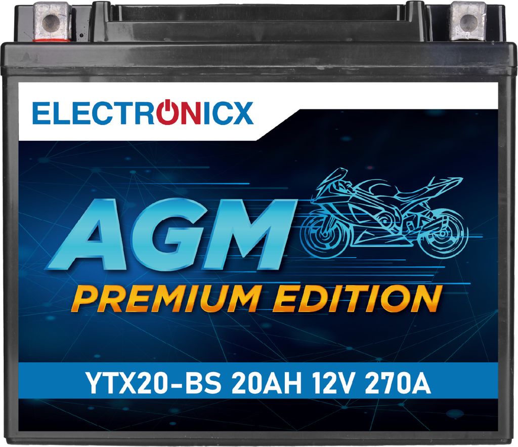 Electronicx YTX20-BS AGM Motorradbatterie 12V 20Ah 270A/EN – Wartungsfrei, Vorgeladen, Pluspol links