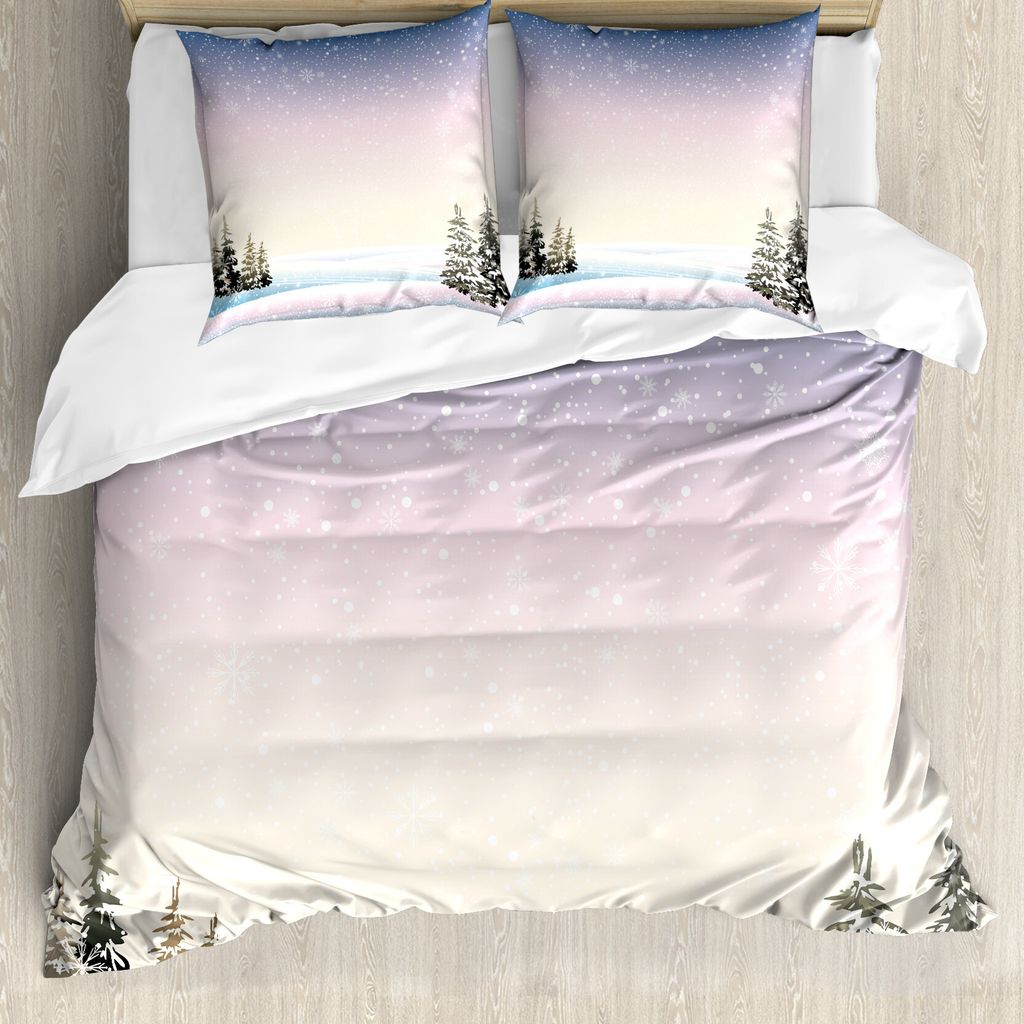 ABAKUHAUS Winter Bettbezug, Schneefall und Kiefern, Milbensicher Allergiker geeignet mit Kissenbezügen, 200 cm x 200 cm - 80 x 80 cm, Mehrfarbig