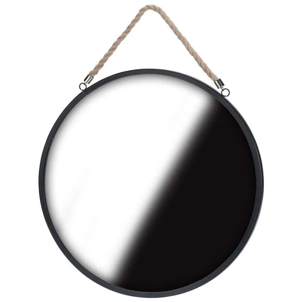 Miroir rond style industriel en métal noir avec suspension corde de jute