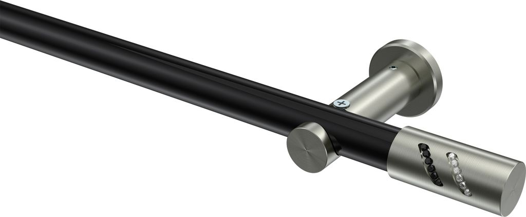 Interdeco Gardinenstange / Vorhangstange Schwarz / Edelstahl-Optik, Typ Platon Zoena (Glitzerzylinder) ohne Ringe, 20 mm Ø 1-läufig, 600 cm