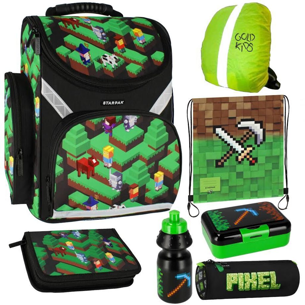 Pixel Game Schulranzen ergonomischer Ranzen Federmappe Turnbeutel Trinkflasche Brotdose Regenschutz 7er Set. Geeignet ab der ersten Klasse der Grun...
