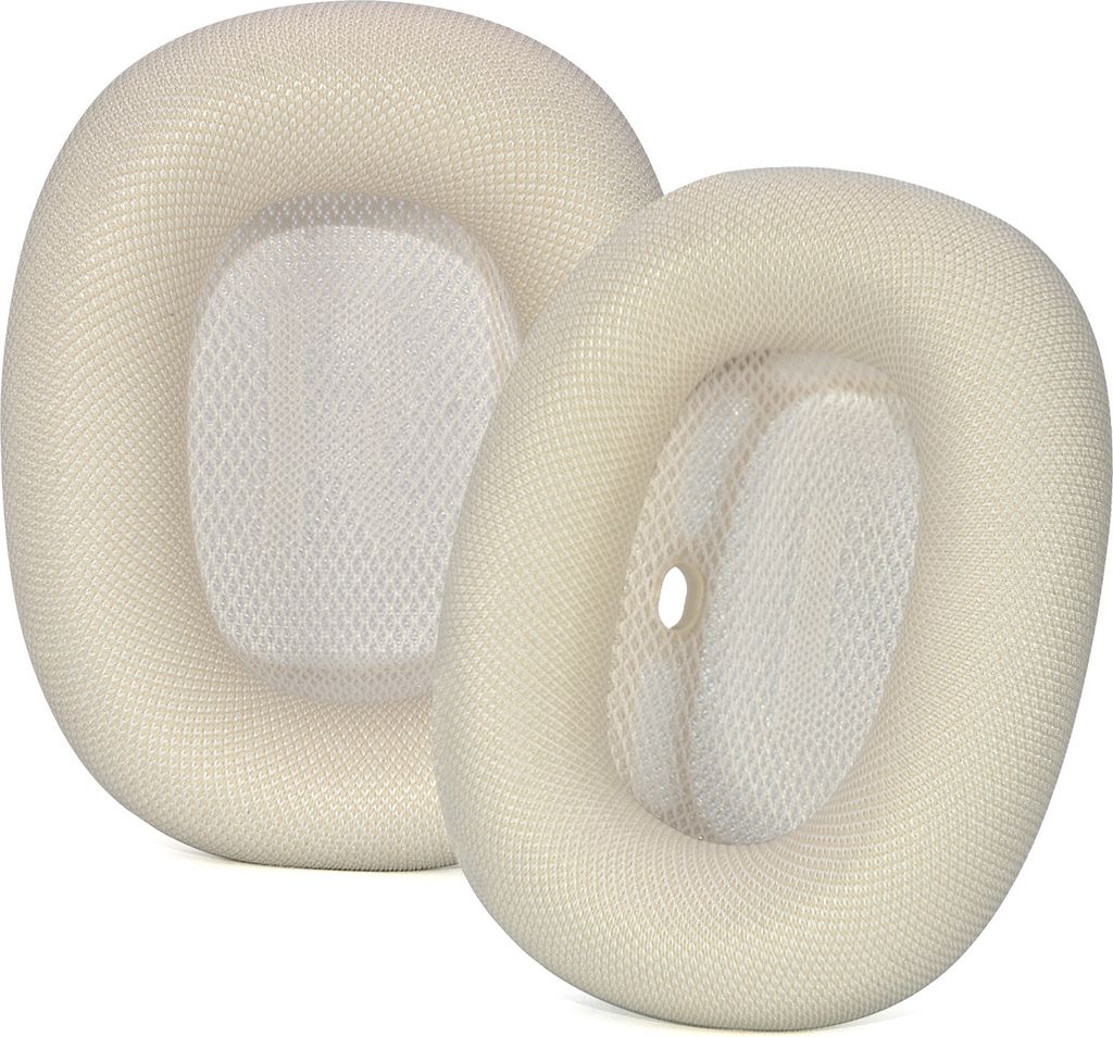 Two white ear pads for headphones are shown against a white background.
