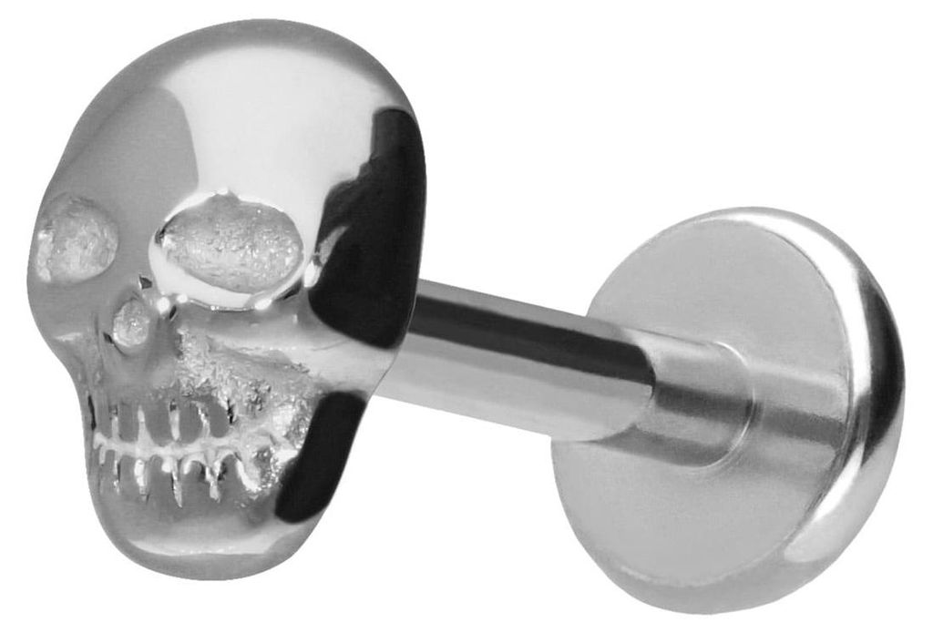 Ohrpiercing, Nasenpiercing Titan Labret mit Push Fit TOTENKOPF Silber Stablänge: 10mm | Stabstärke: 1,2mm