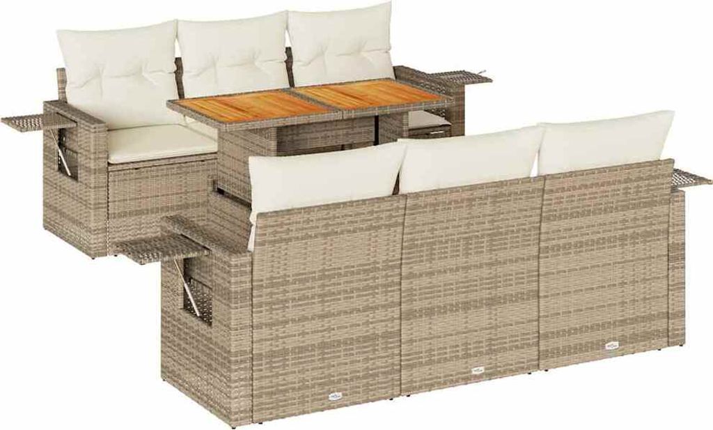 vidaXL 7-tlg. Garten-Sofagarnitur mit Kissen Beige Poly Rattan