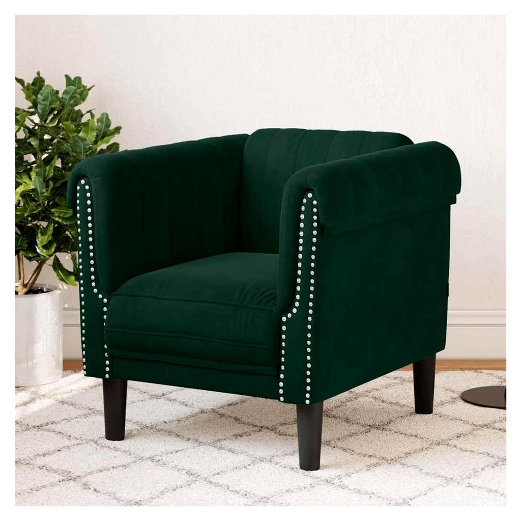 Dunkelgrüner Samt Sessel, 80x77x74 cm, gepolstert, mit Armlehnen, stabiler Lounge Chair für Wohnzimmer und Schlafzimmer
