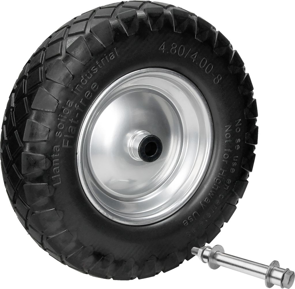 ECD Germany Schubkarrenrad mit Blockprofil aus pannensicherem PolyurethanVollgummi, Ersatzrad Gummirad mit Achse, 4.80/4.00-8, Durchmesser 390 mm, ...