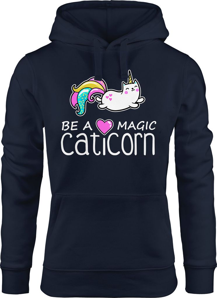 Kapuzen-Pullover Damen Be a magic caticorn Einhorn Hoodie Unicorn Moonworks navy S