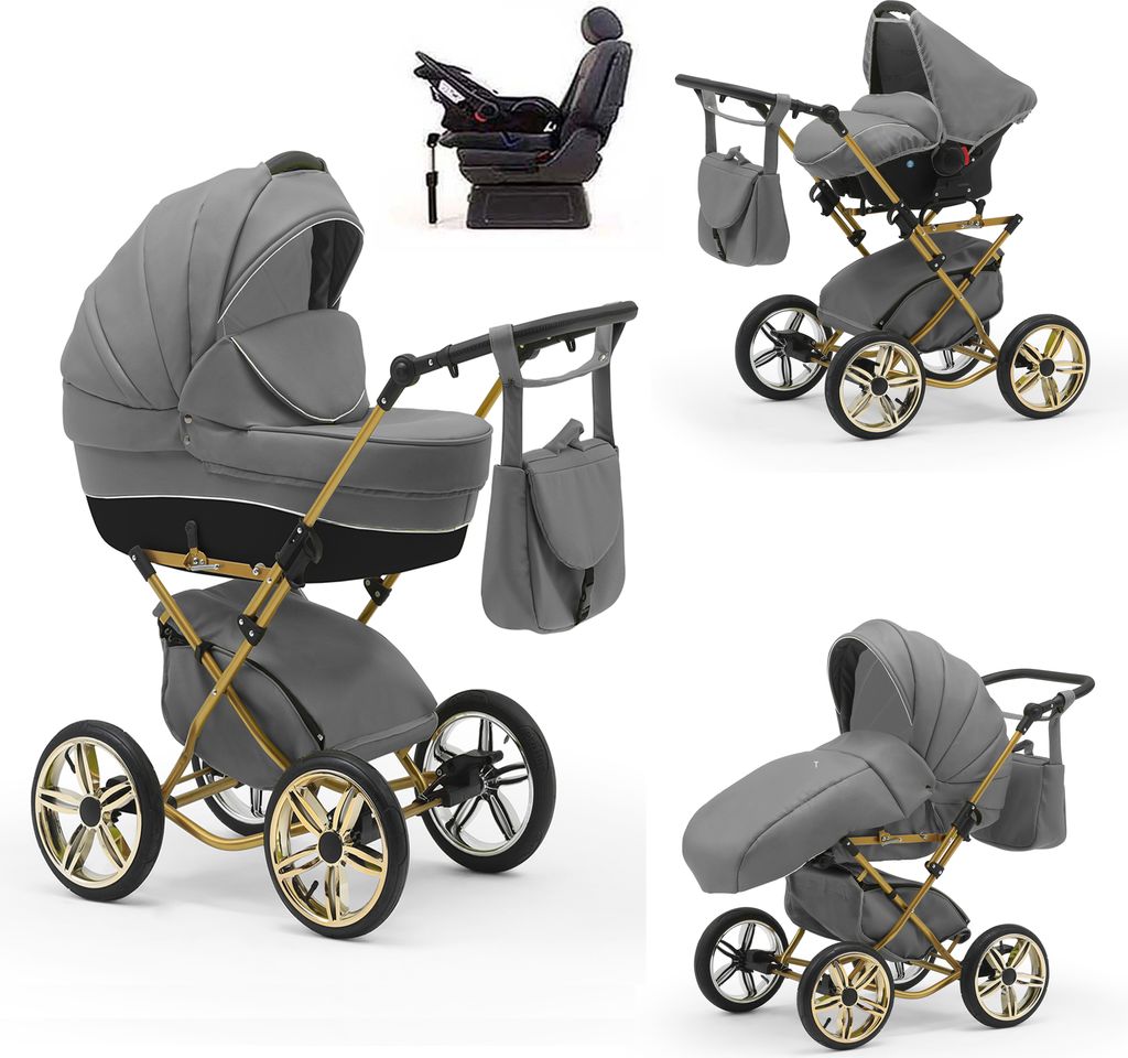 Klassischer Kinderwagen Sorento Gold 5 in 1 inkl. Sportsitz, Autositz und Iso Base in 19 Farben
