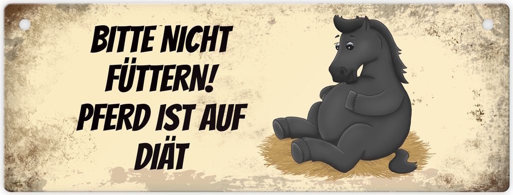 Metallschild mit schwarzem Pferd Motiv und Spruch: Bitte nicht füttern - Diät
