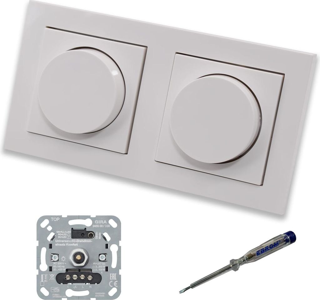 GIRA 245500 (2 Stück) LED Drehdimmer Dimmer + Dimmerscheiben Zentralscheiben 065003 in Gira E2 reinweiß glänzend im 2-fach Rahmen inkl. EBROM Ph...