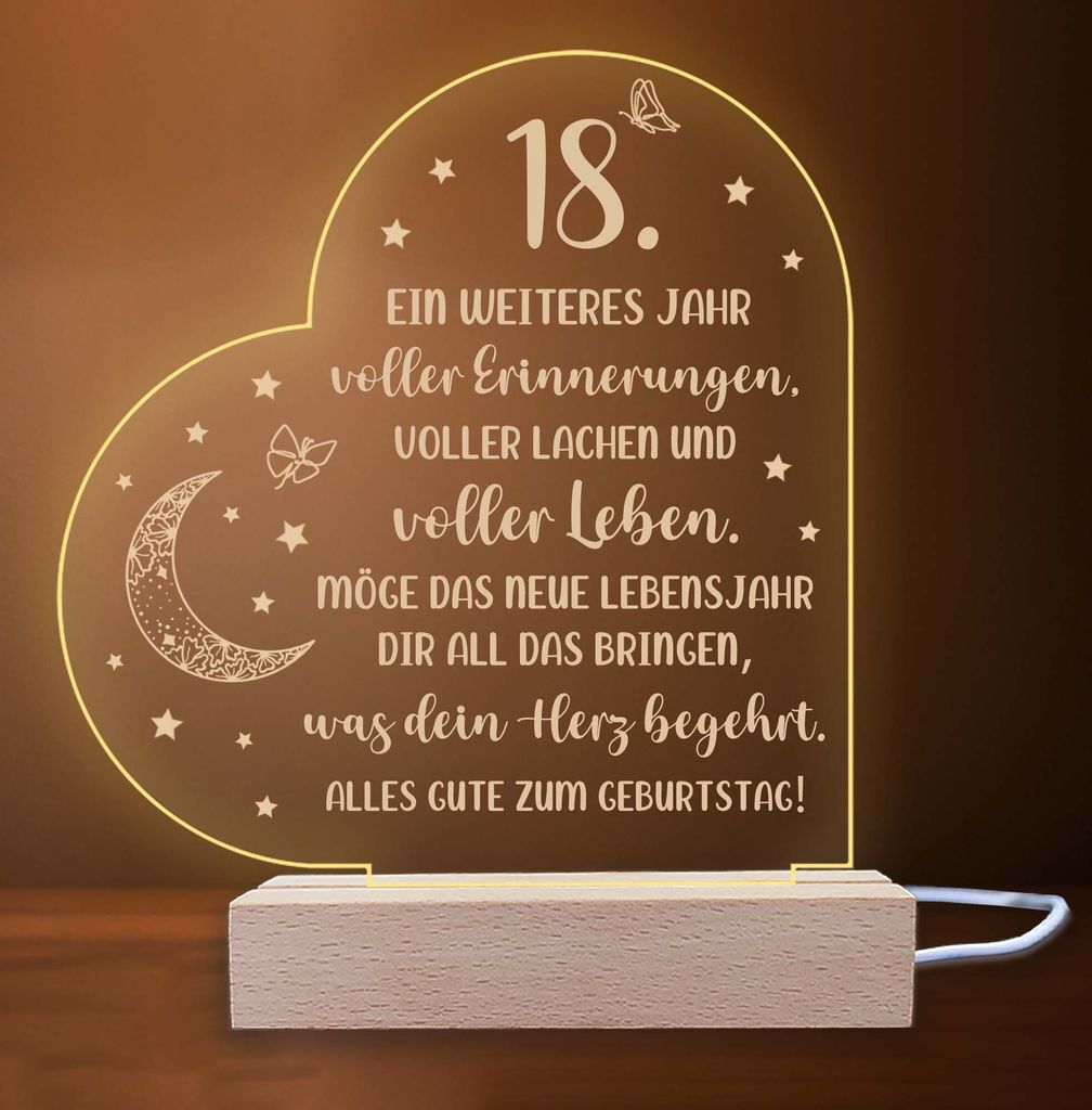 INDIGOS UG - LED Nachttischlampe - 18. Geburtstag - Herz links mit Spruch - Nachtlicht - 3D-LED-Lampe - Geburtstag - Geschenk für Freund, Freundin...