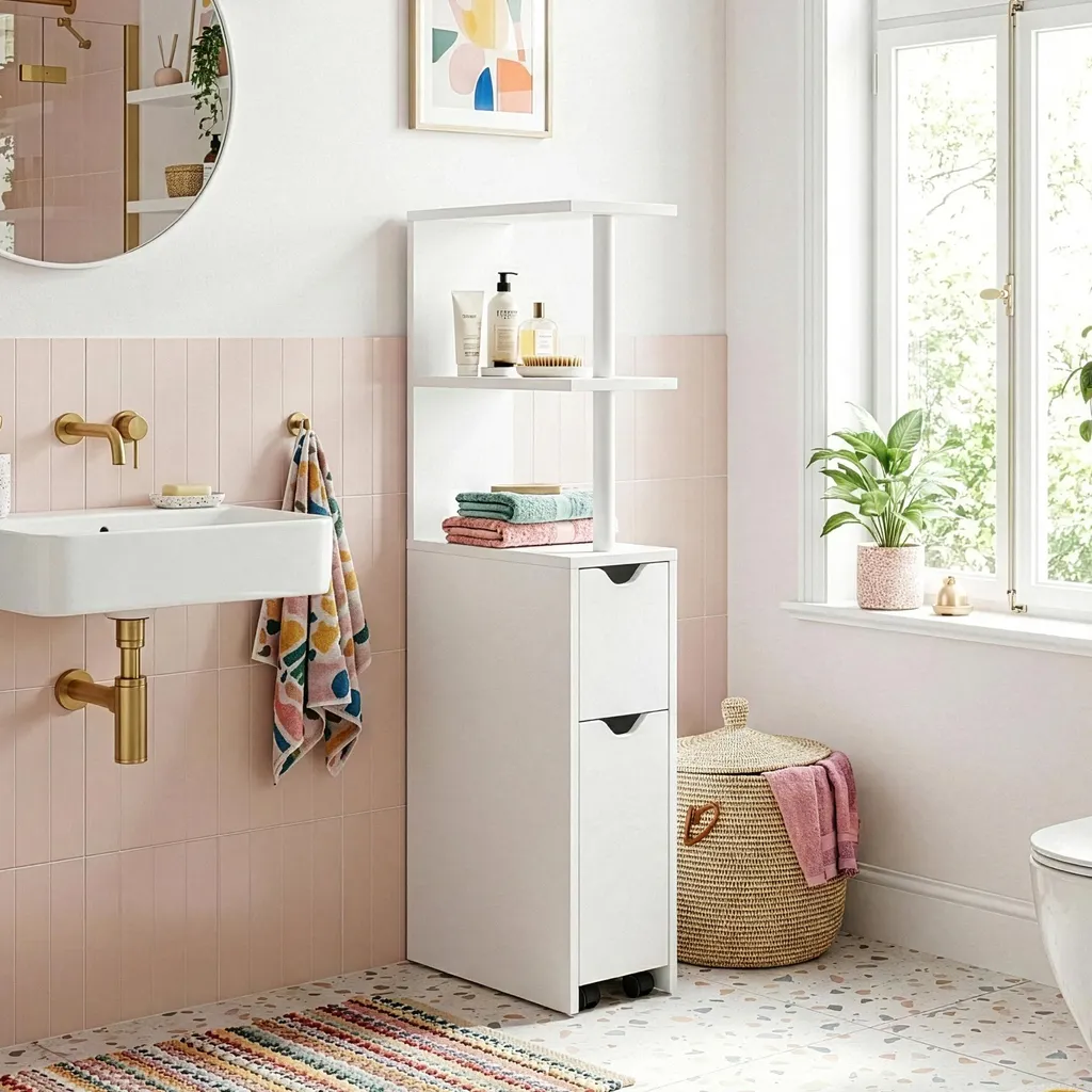 Rangement d'angle pour petit appartement avec tiroir et étagères Blanc