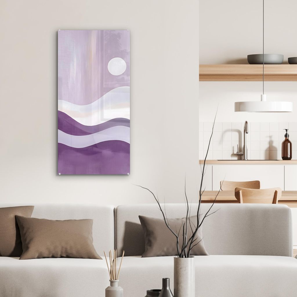 MuchoWow Glasbilder - Bilder auf Wandbild - Foto auf Glas Wellen - Hügel - Abstrakt - Lila 40x80 cm Wanddekoration aus Glas - Acrylglasbild - Acry...