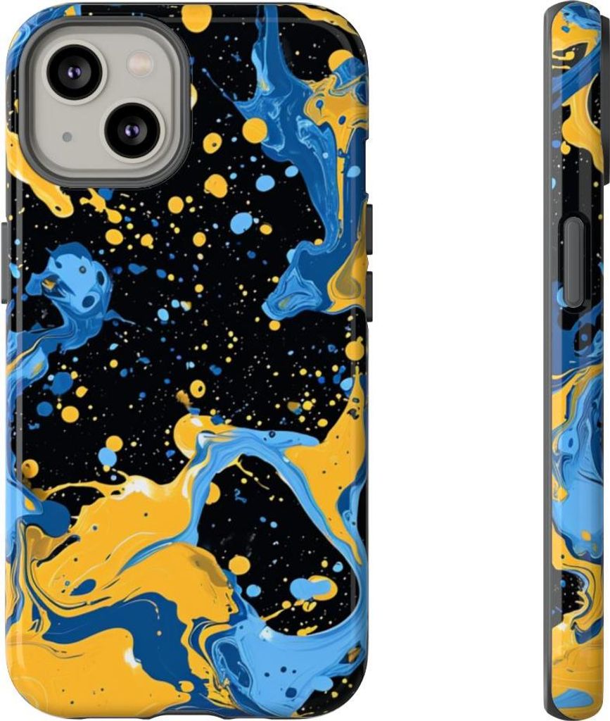 Blaue und gelbe Farbspritzer – Hülle Kompatibel mit iPhone 14