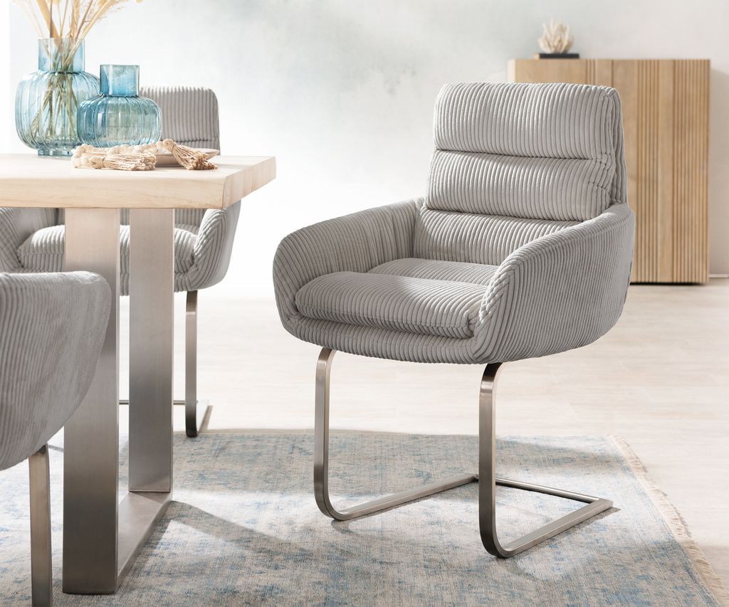 DELIFE Freischwinger Abelia-Flex mit Armlehnen Cord Silbergrau Freischwinger flach Edelstahl