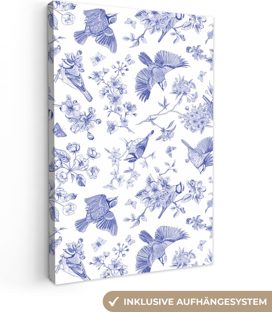 OneMillionCanvasses - Leinwandbilder - 90x140 cm, Vintage - Vogel - Blumen - Blau, Wandbilder Kunstdruck Wanddekoration - Wandschmucke - Schlafzi...