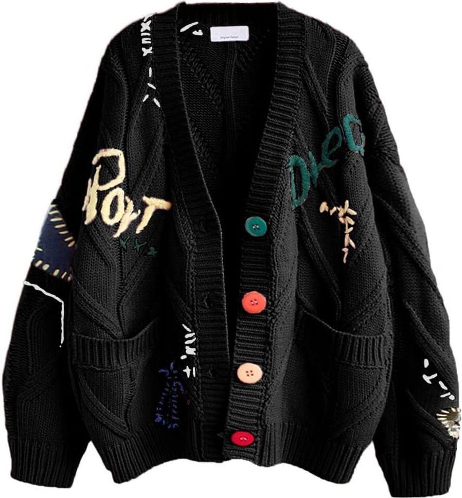 ASKSA Damen Strickjacke mit Zopfmuster Lose Laessige Strickjacken V-Ausschnitt Casual Stickerei Knopf Strickpulli Pullover,Schwarz
