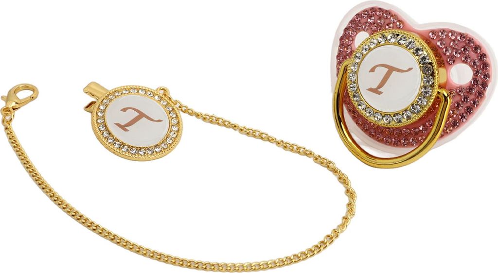 Golden Baby Schnuller bedeckter Strasssteine gekrümmte Design Silikon für Milchpulver Fütterungsbuchstaben t