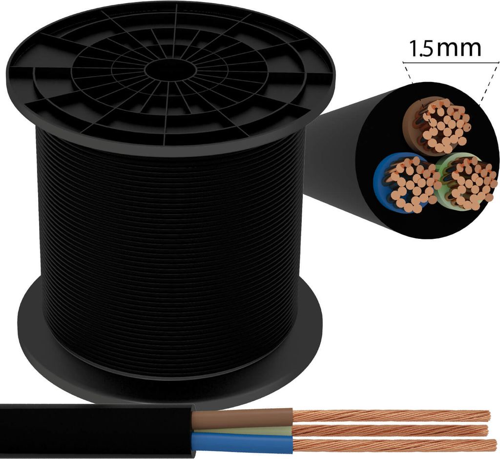 3-adrig 3x1.5 Stromkabel Elektrokabel H05VV-F Schwarz 1 meter