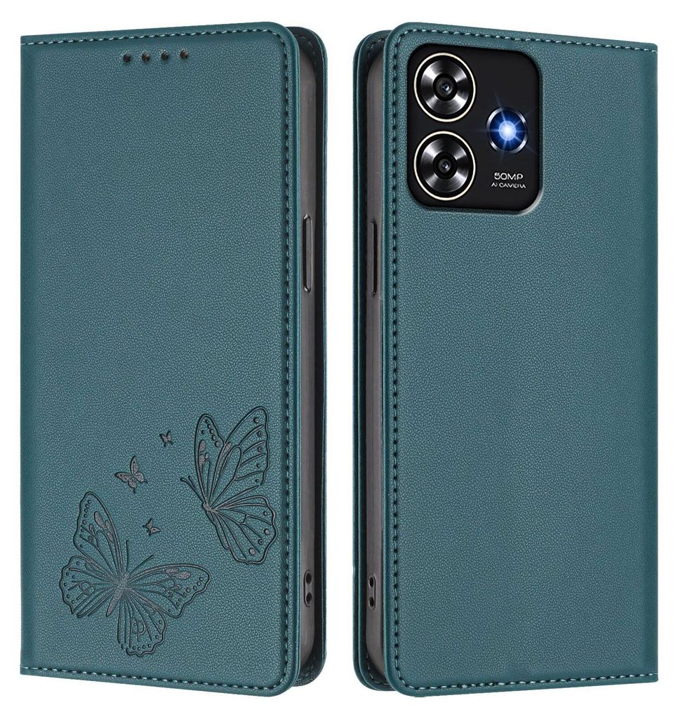 Lederhülle für ZTE Blade A73 4G, Schmetterling Prägung Leder Brieftasche Schutzhülle mit Ständer Grün