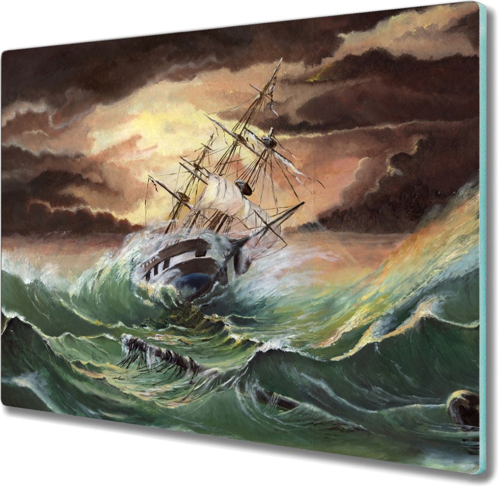 Coloray Herdabdeckplatte 60x52 cm Schneidebrett Kochplattenabdeckung Küchenbrett Hackbrett - Boot Schiff Ozean Sturmwellen