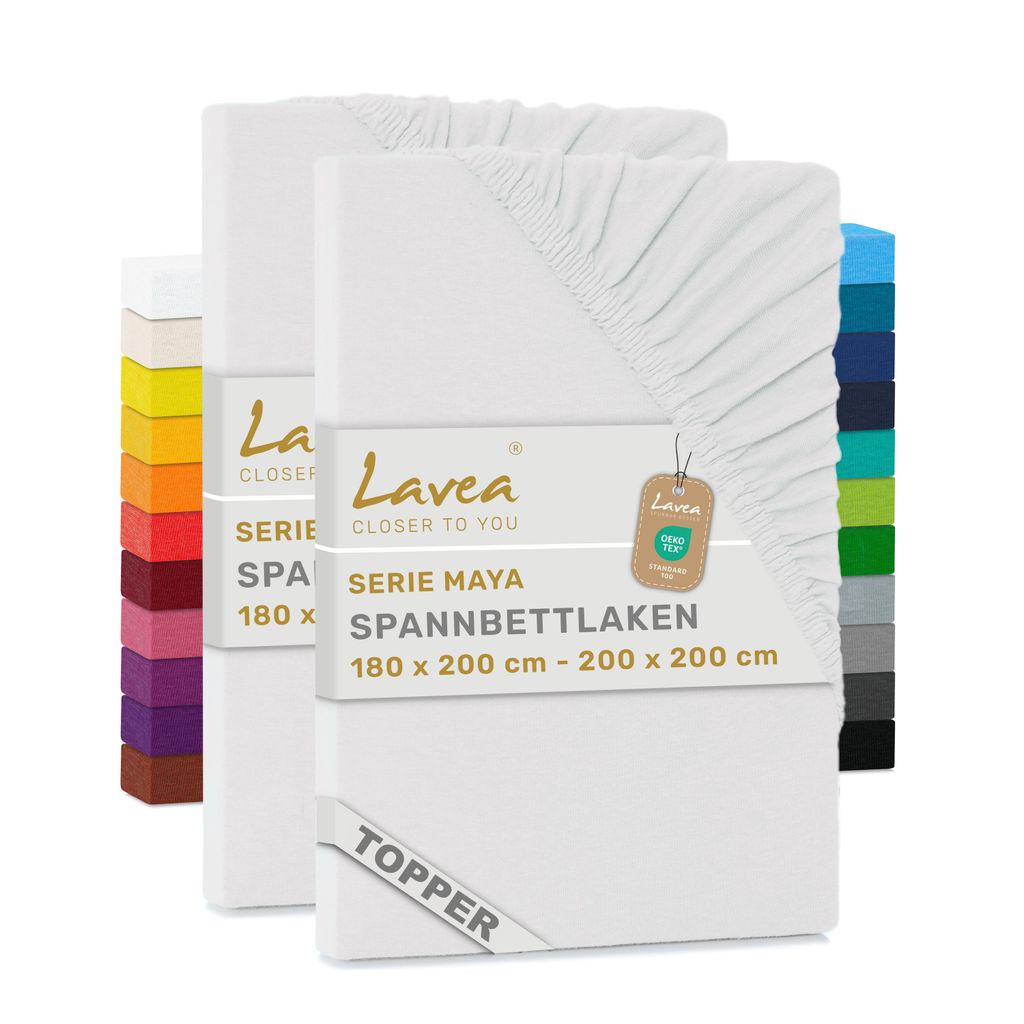 Lavea 2er Topper Spannbettlaken 180x200cm - 200x200cm, Bettlaken 100% Baumwolle Jersey, mit Rundumgummizug, für Matratzen bis 12 cm Höhe, weich...
