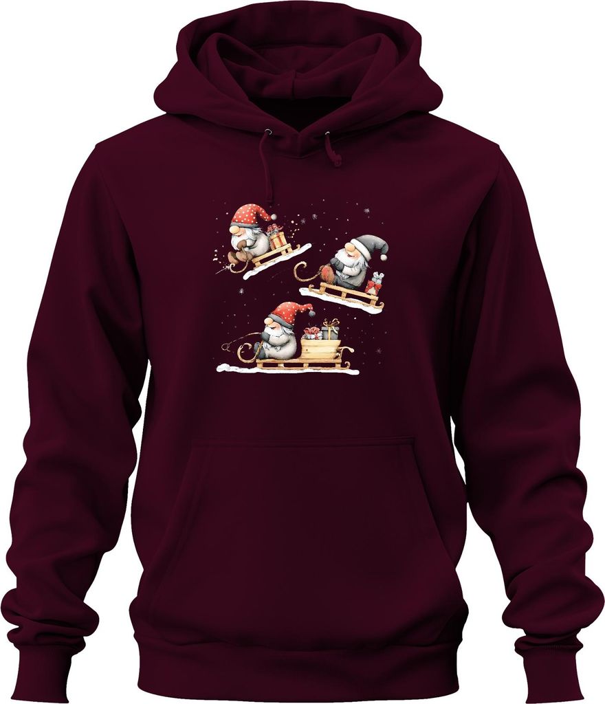 Weihnachtswichtel Schlitten Geschenke Winter niedlich Retro Uni Hoodie Kapuzenpullover, Burgundy, XXL
