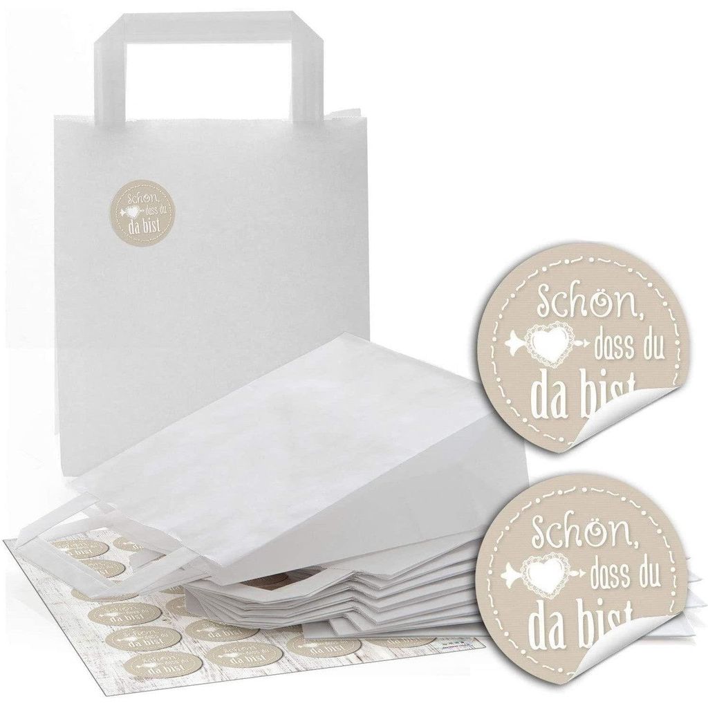 48 weiße Papiertüten Papier-Tragetaschen Henkel-Tüten Geschenktüten Boden 18 x 8 x 22 cm kleine Papiertaschen + 48 runde Aufkleber Sticker SCH...