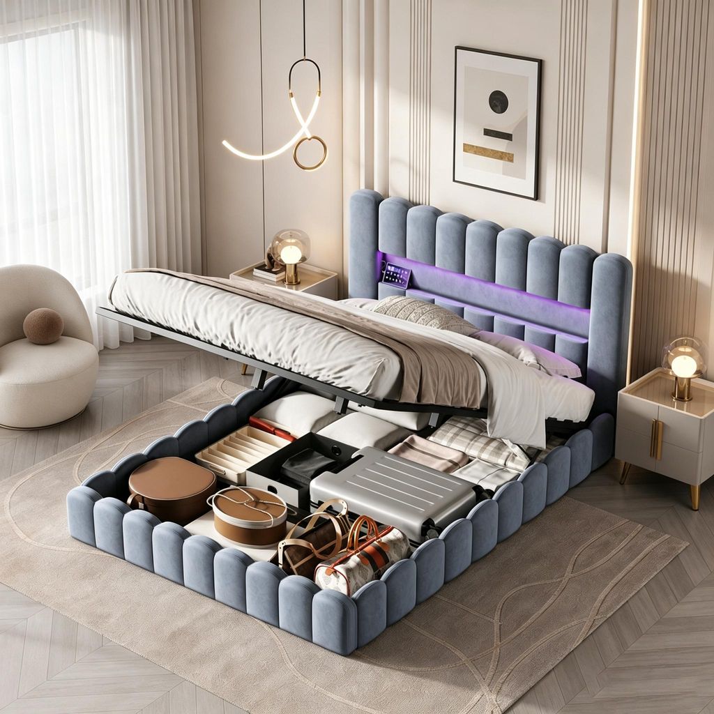 Cama tapizada INONEFT de 180x200 cm con cabecero con USB y Imagen del producto 