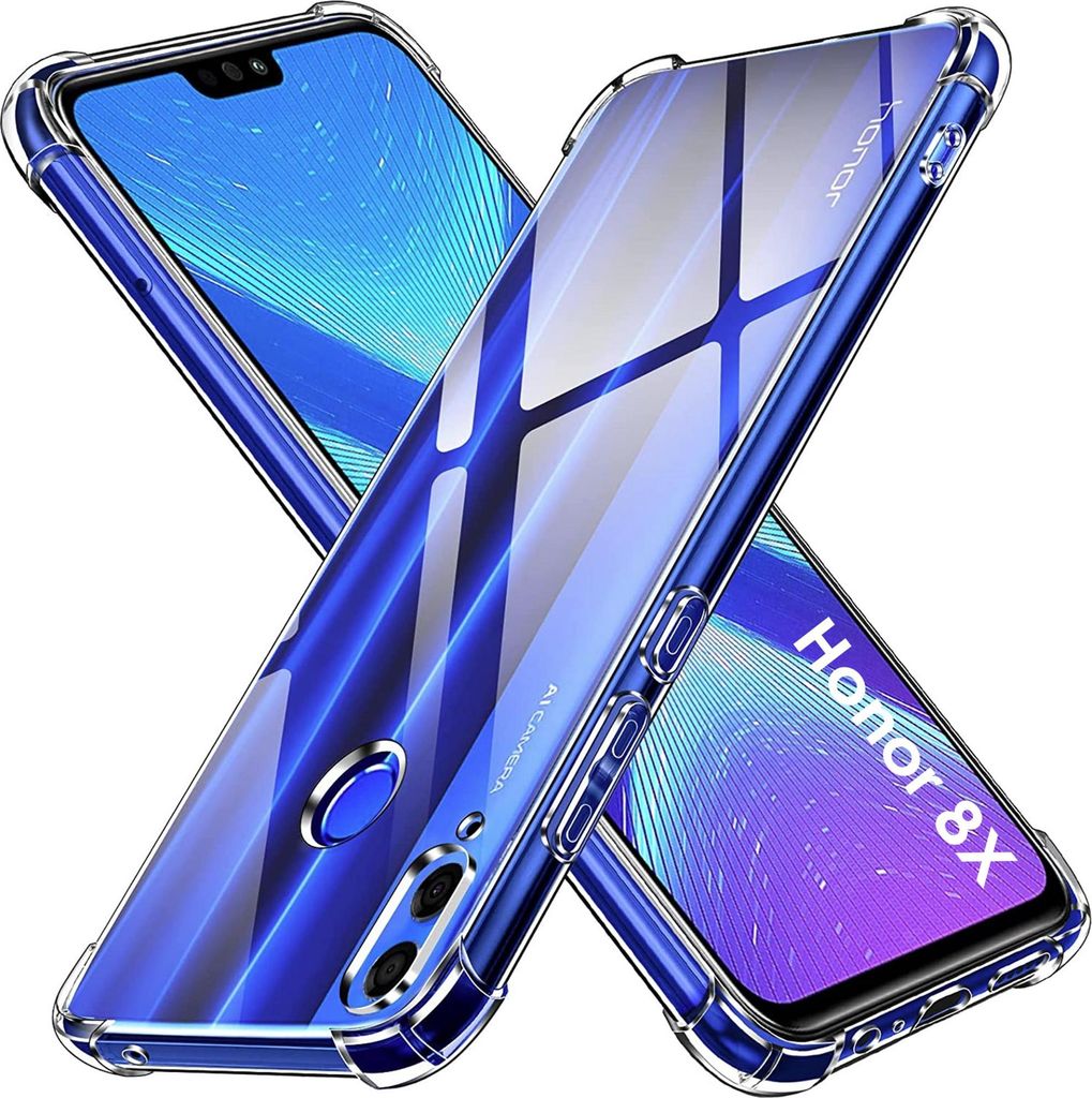 Two transparent phone cases with blue tint are crossed over each other, showcasing a smartphone screen.