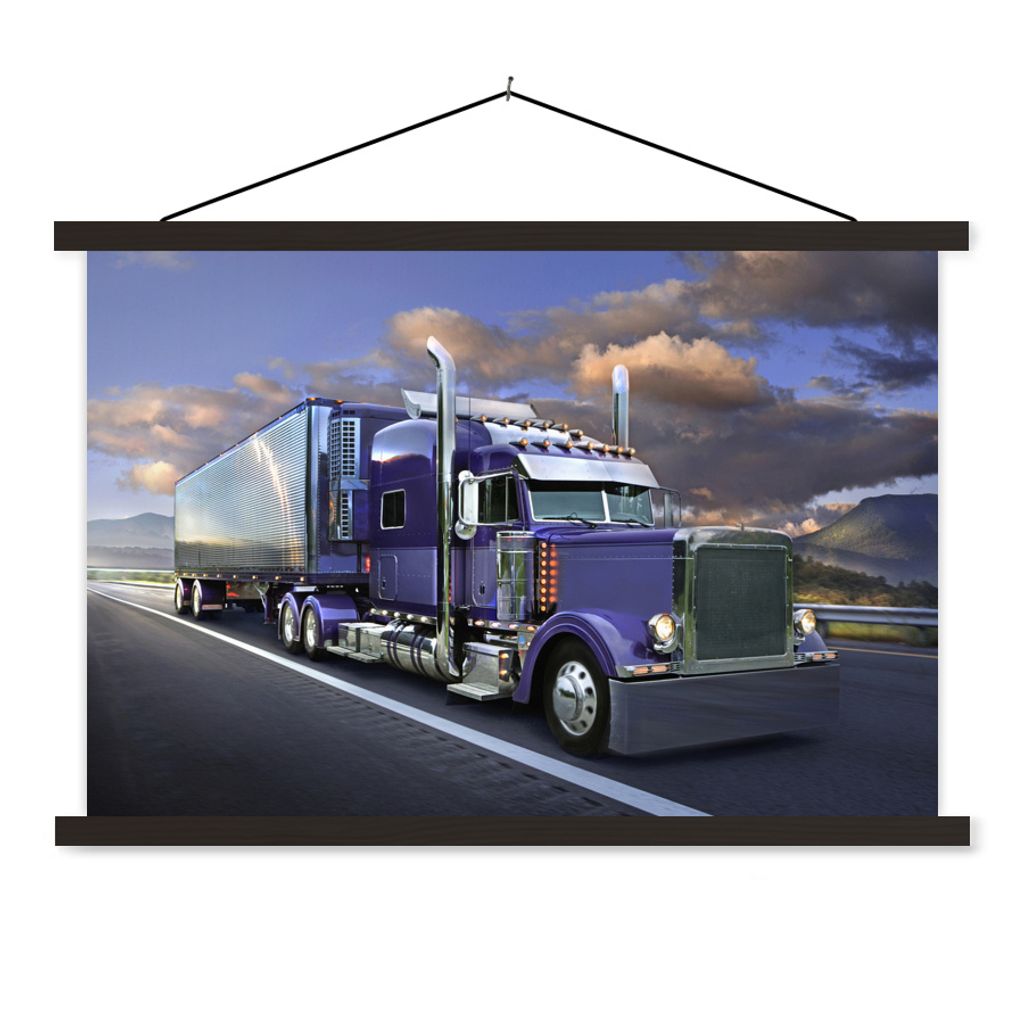 MuchoWow Textilposter Violettfarbener Lkw 90x60 cm mit schwarzem Rahmen - Aufhängungssatz