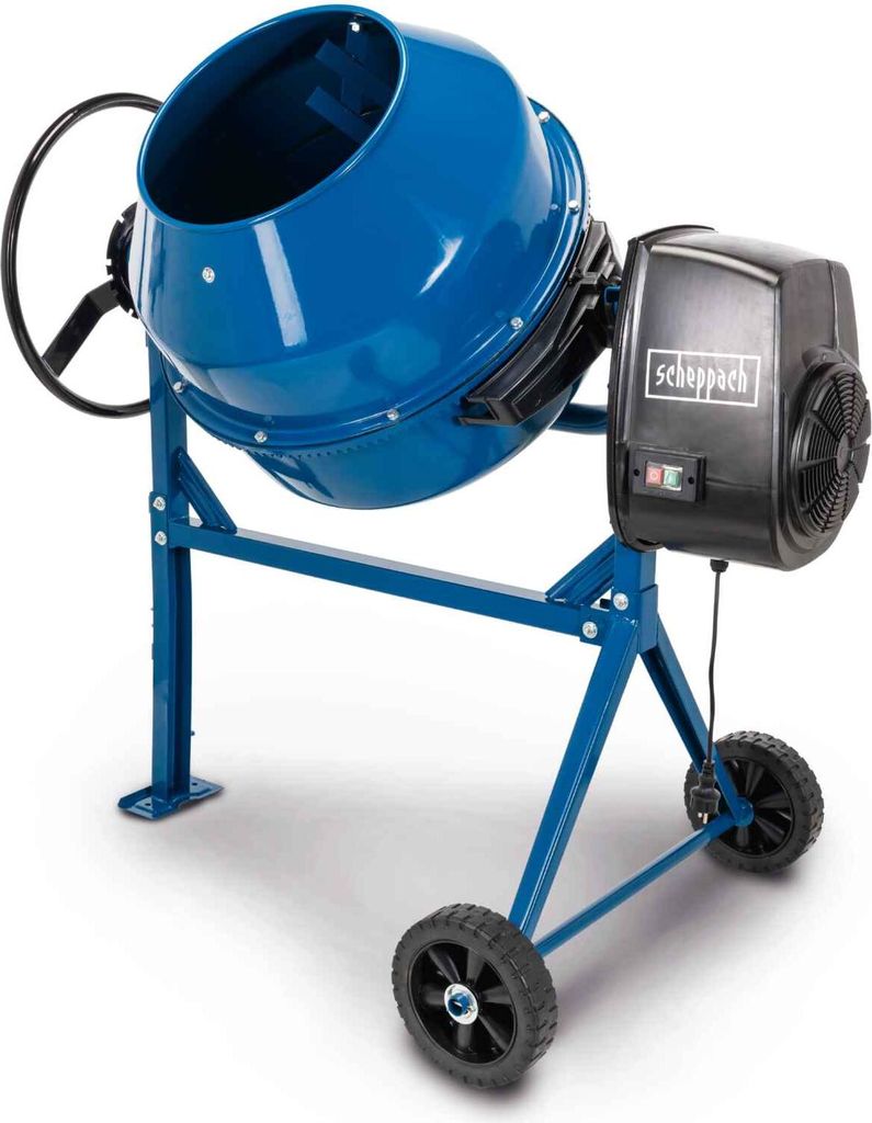 A blue and black cement mixer on a white background.
