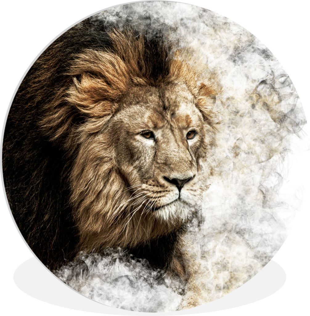 MuchoWow Rundes Wandbild - Runde Bilder Löwe - Rauch - Tiere Ø 30 cm Kreis Wanddekoration Kunststoff - Wandkreis - Wandschmuck - Schlafzimmer -...