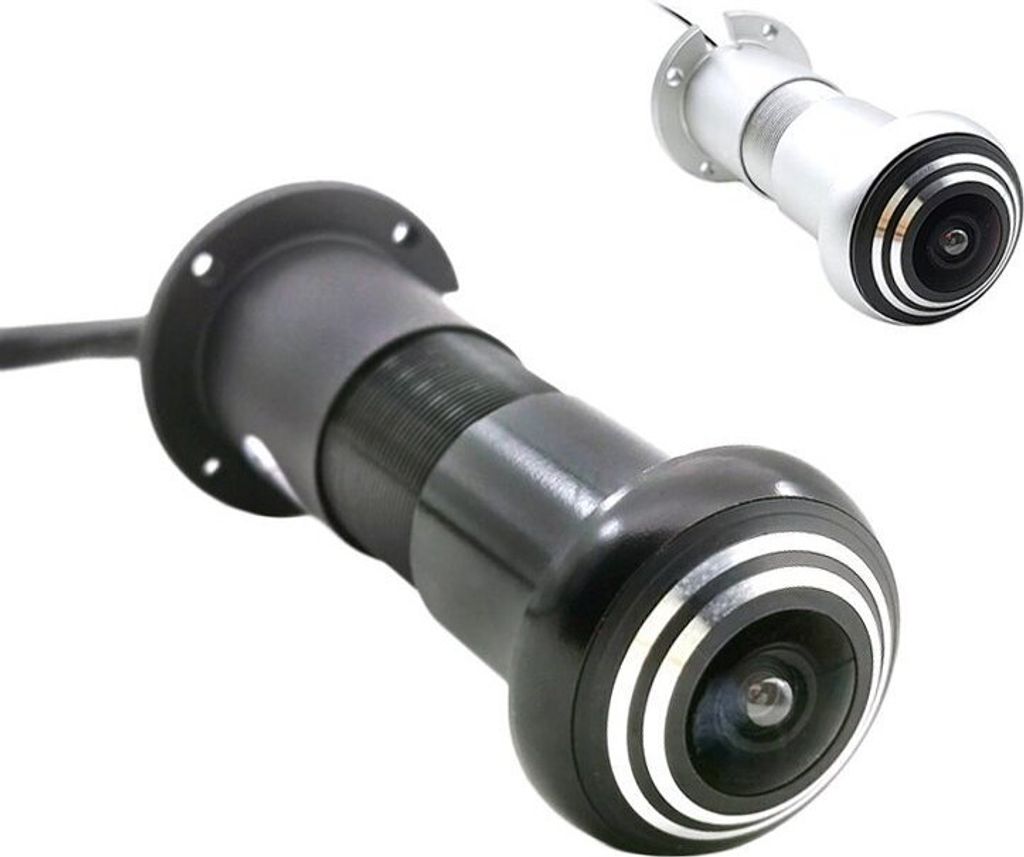 Two door peephole cameras are shown against a white background. One is in the foreground, larger and in focus, with a black body and silver accents. The other is smaller and in the background, with a silver body and silver accents.