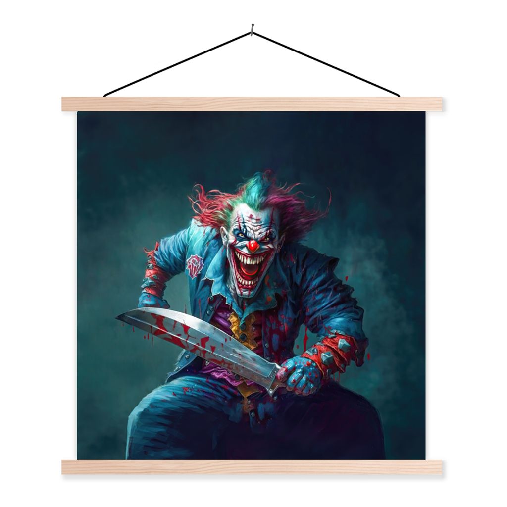 MuchoWow Textilposter Clown - Horror - Messer - Kleidung - Porträt 60x60 cm mit holzfarbenen Rahmen - Wanddekoration