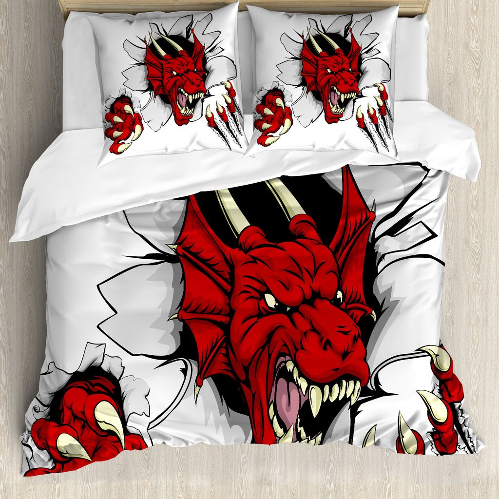 ABAKUHAUS Drachen Bettbezug, Retro Pop-Art-Karikatur, Milbensicher Allergiker geeignet mit Kissenbezügen, 155 cm x 220 cm - 80 x 80 cm, Rubin Pale...