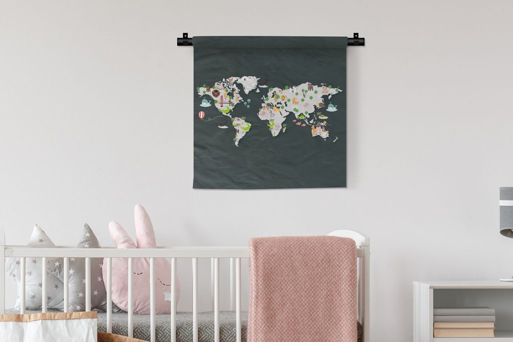 MuchoWow Wandteppich Wandbehang Weltkarte - Kinder - Tiere 60x60 cm Tapisserie Dekoration Wandtuch - Dekorationen - Wand Decke