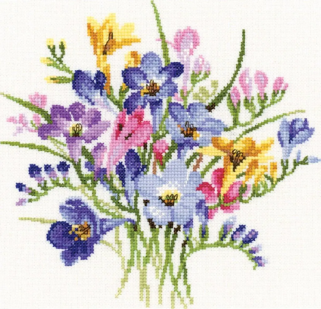 Kit Broderie Fleurs Freesie Bouquet A Heritage Toile Aïda 17,5 cm Carré