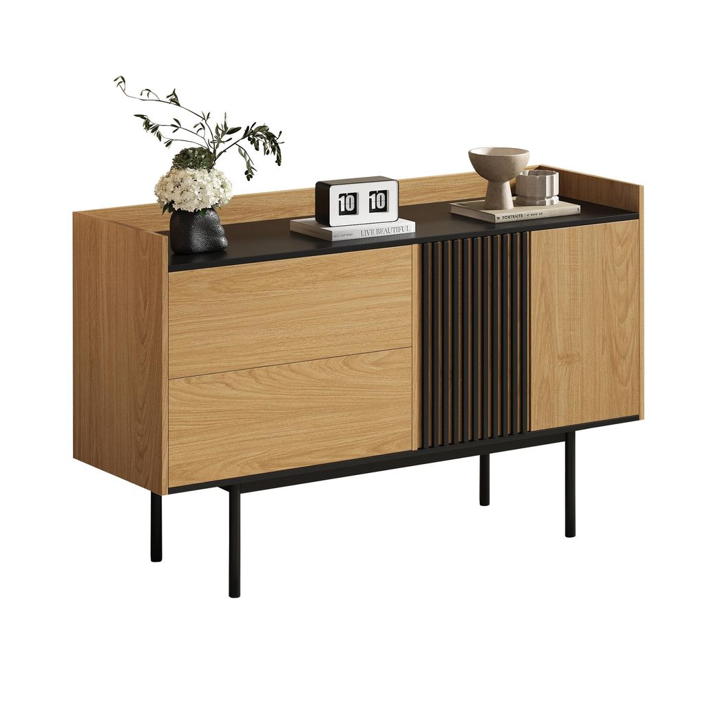 AIORBER Modernes Sideboard Kommode Wohnzimmer Esszimmer mit 2 Schubladen, verstellbarem Regal, viel Stauraum, minimalistisch, Naturholz+Schwarz
