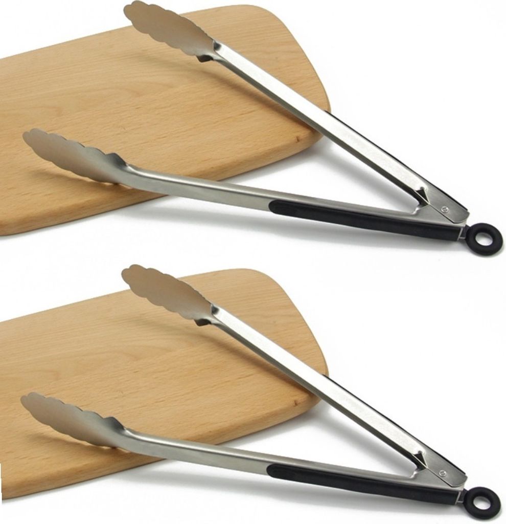 2er Pack Grillzange aus rostfreiem Edelstahl Länge-34cm universal Küchenzange mit Aufhänge-Öse - XXL BBQ Mehrzweckzange - Fleischzange hitzebes...