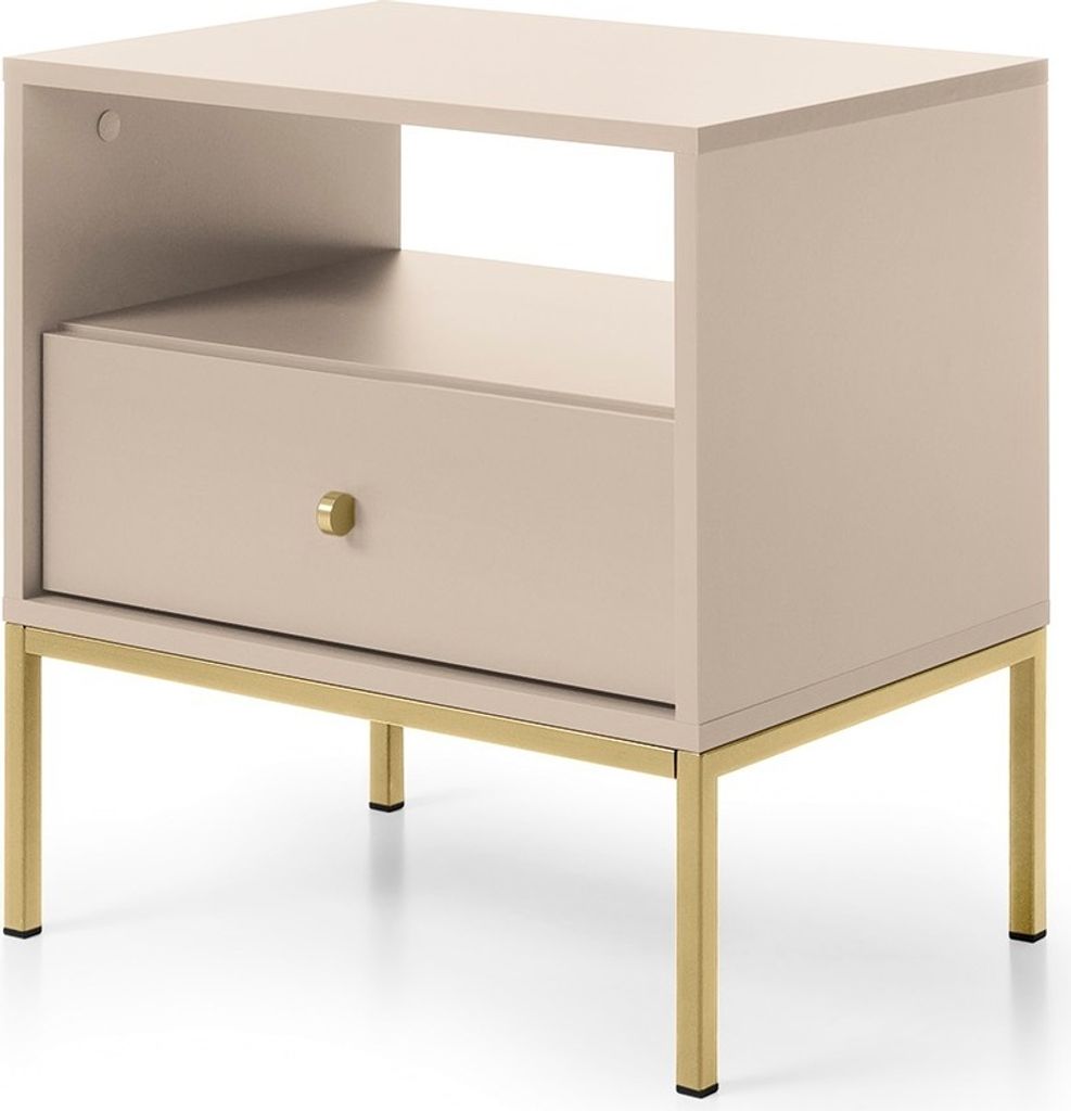 Nachttisch 50 cm Monti - Nachtkommode mit Schubladen, Metallbeine 18 cm, Goldene Griffe (Beige + Gold)