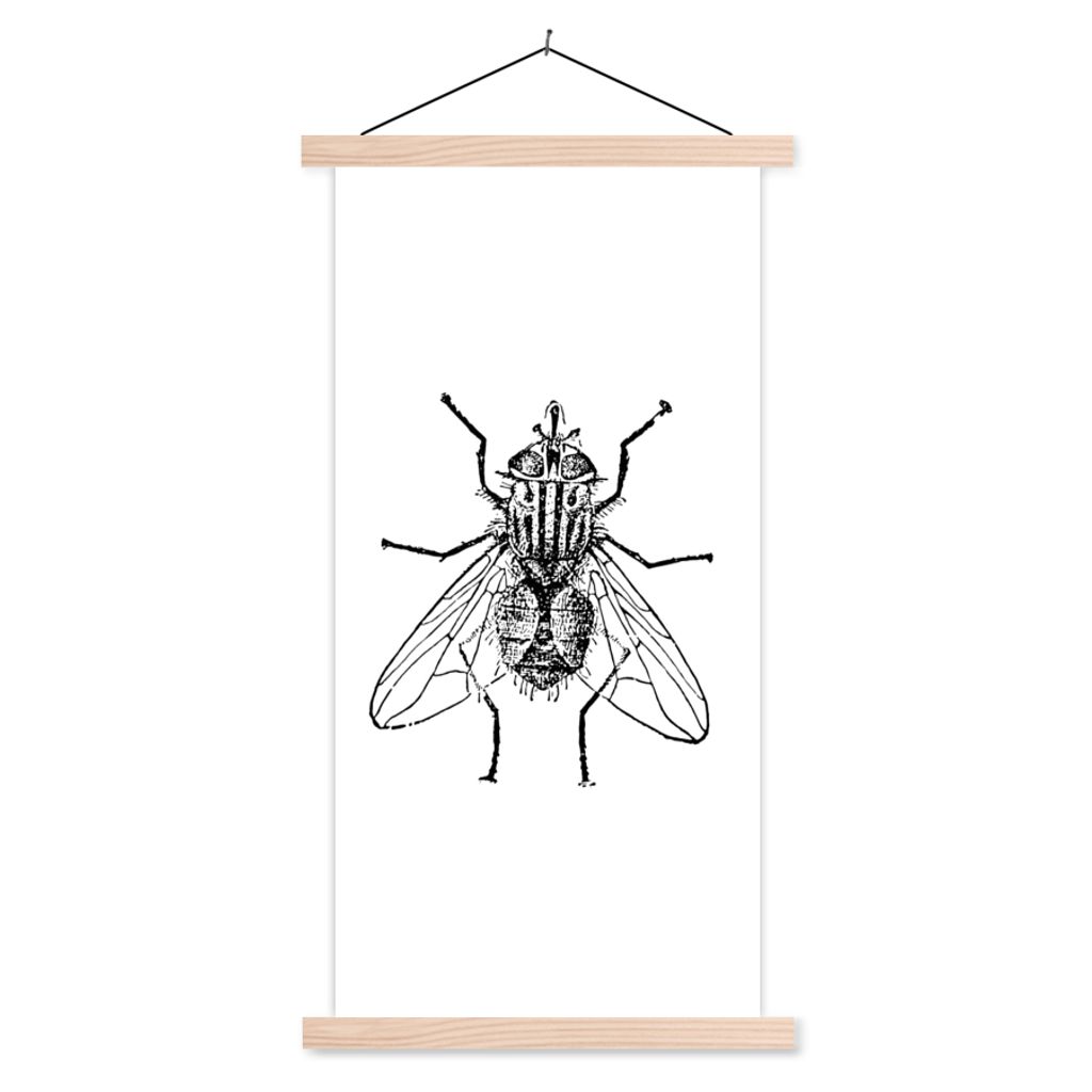 MuchoWow Textilposter Fliege - Tiere - Vintage - Schwarz und weiß 40x80 cm mit holzfarbenen Rahmen - Wohnzimmer