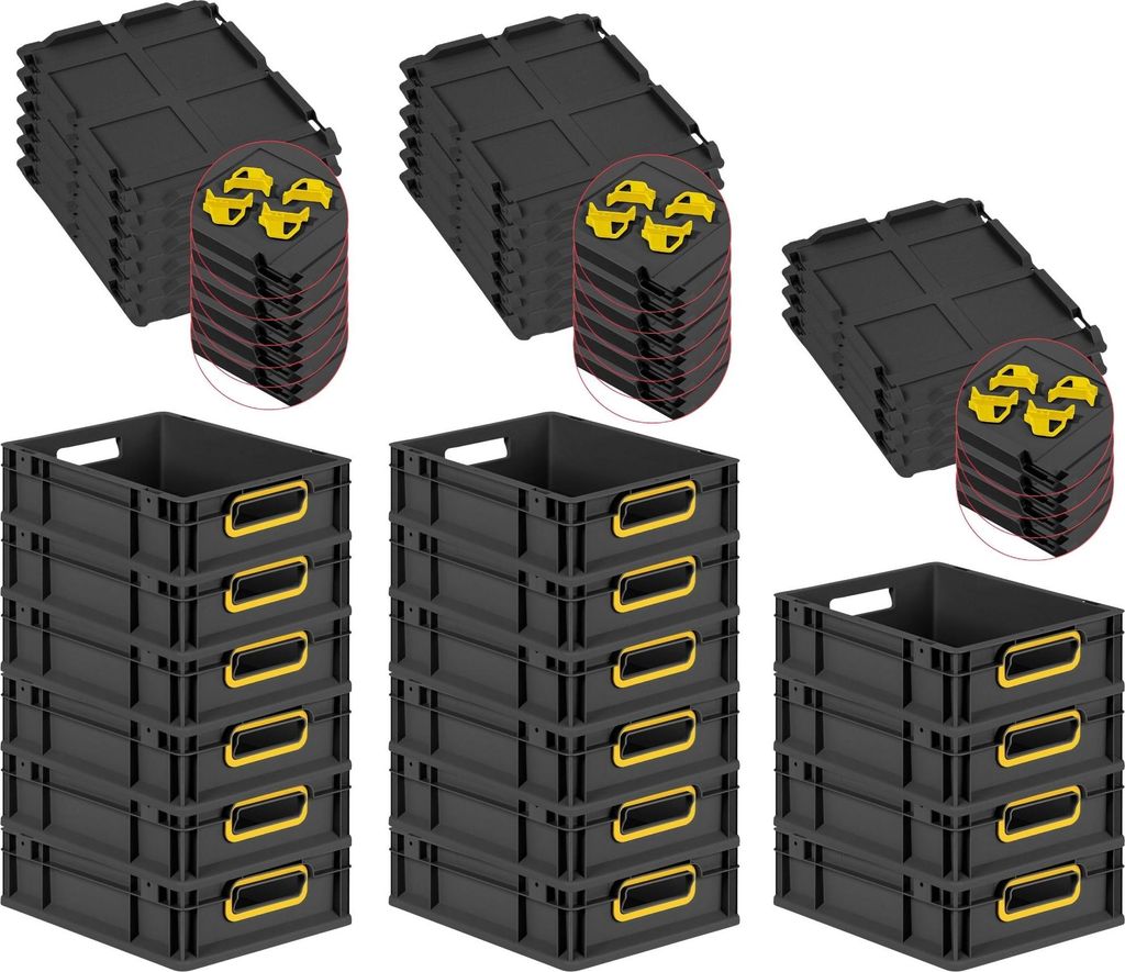 SuperSparSet 16x Eurobox NextGen Color mit Auflagedeckel und Schiebeschnappverschlüsse | HxBxT 12x30x40cm | 11 Liter | Schwarz | Griffe gelb offen...