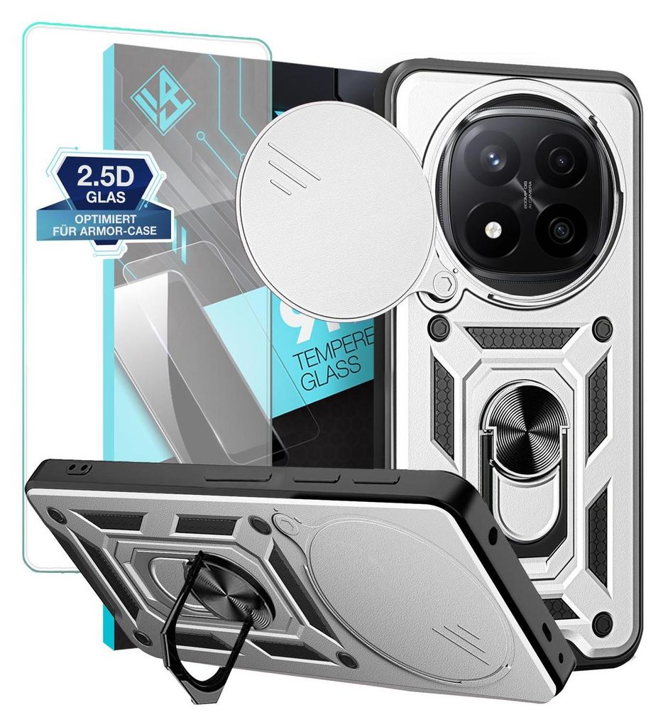 A product shot showcasing a phone case and screen protector with various marketing elements.