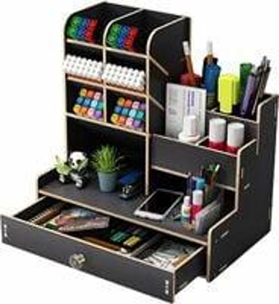 DIY Schreibtisch-Organizer aus Holz mit großem Fassungsvermögen und Schublade für Zuhause, Büro und Schule (B17, Schwarz)